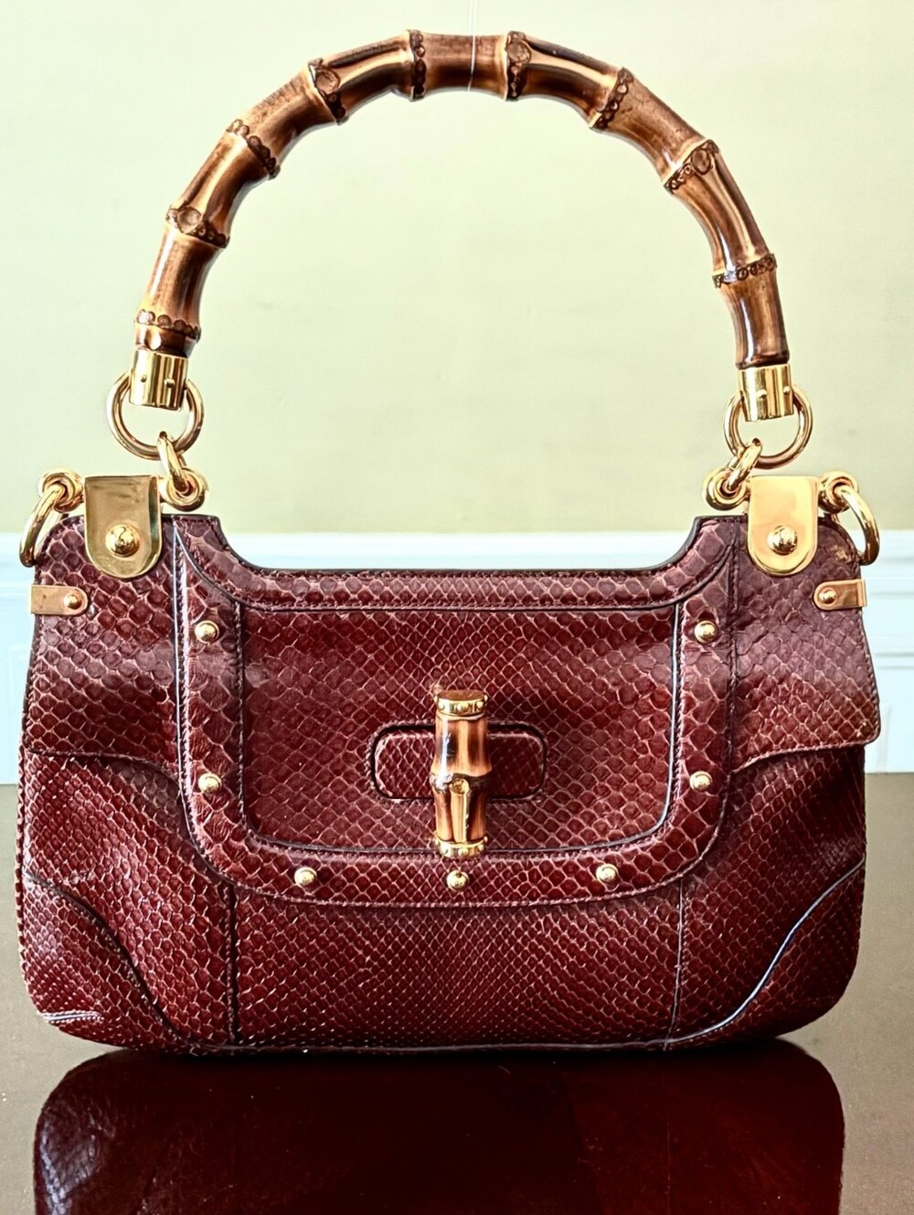 Gucci Burgundy Python Bamboo Top Handle Shoulder Bag with Gold Hardware